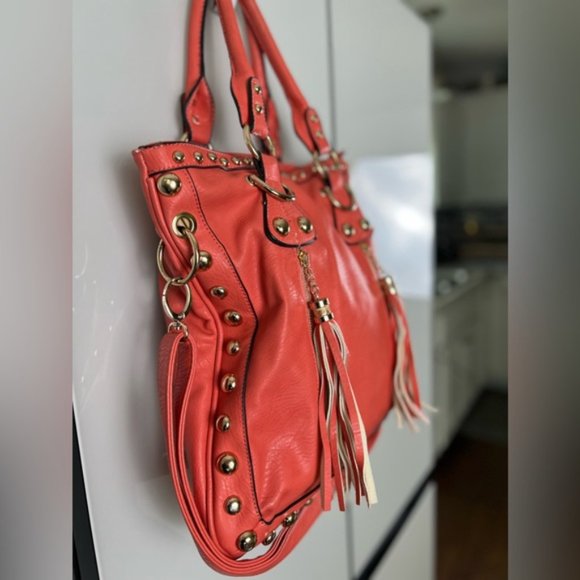 Coral Orange Vegan Leather Gold Studded Oversized Tote Bag With Adjustable Strap - Picture 5 of 16